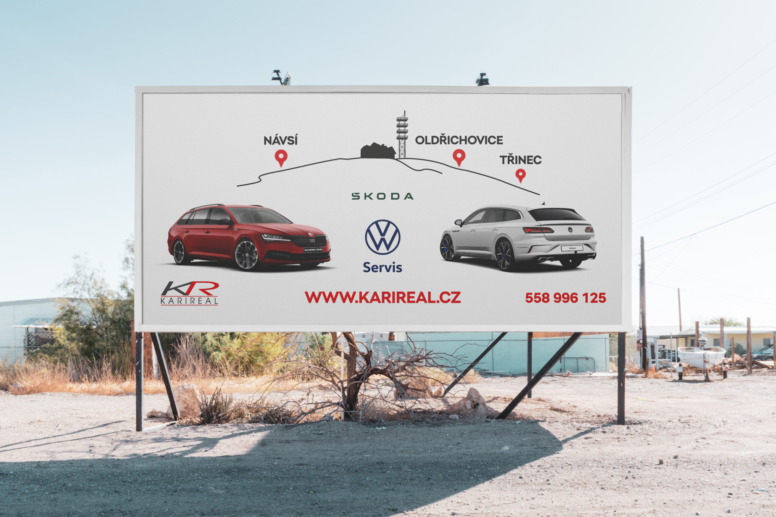 Karireal billboard pro prodej a servis aut Billboard pro Karireal zobrazující mapu Třinecka s body označujícími pobočky servisu a prodeje vozů Škoda a Volkswagen. Převedení klientovy myšlenky, že tady pod Javorovým prodáváme a servisujeme auta my.