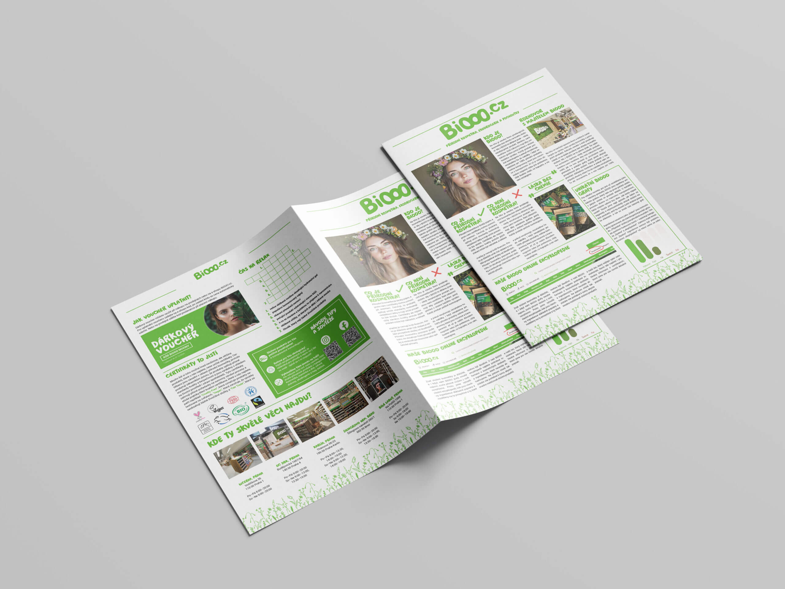 Realizace novin pro BiOOO.cz Realizace firemních novin pro BiOOO.cz s přírodní tematikou a zeleno-bílým designem. Publikace obsahuje články o ekologické kosmetice, tipech na líčení a udržitelných produktech. Grafické prvky inspirované přírodou podporují filozofii značky zaměřenou na zdravý životní styl a ekologii.