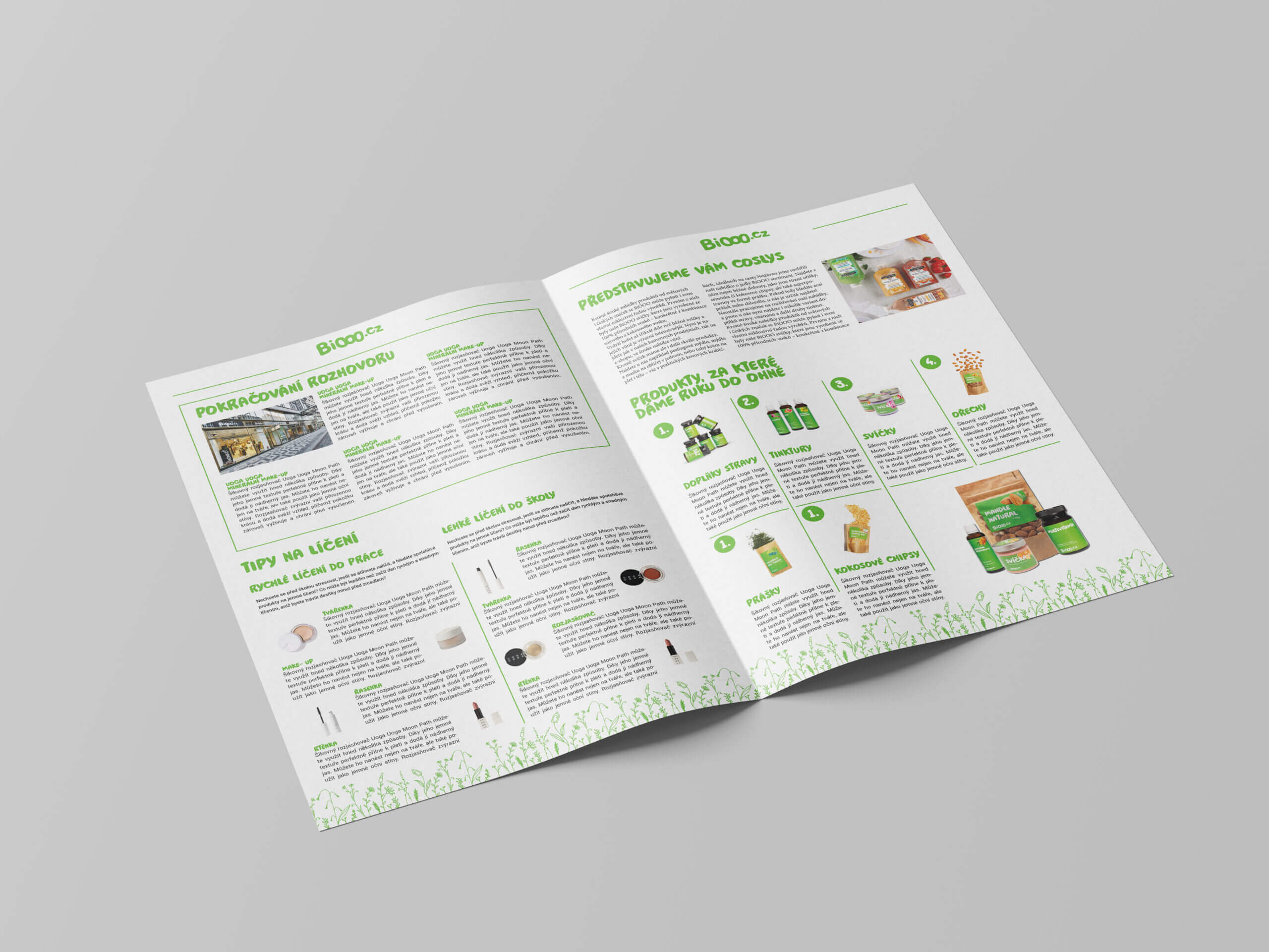Realizace novin pro BiOOO.cz Realizace firemních novin pro BiOOO.cz s přírodní tematikou a zeleno-bílým designem. Publikace obsahuje články o ekologické kosmetice, tipech na líčení a udržitelných produktech. Grafické prvky inspirované přírodou podporují filozofii značky zaměřenou na zdravý životní styl a ekologii.