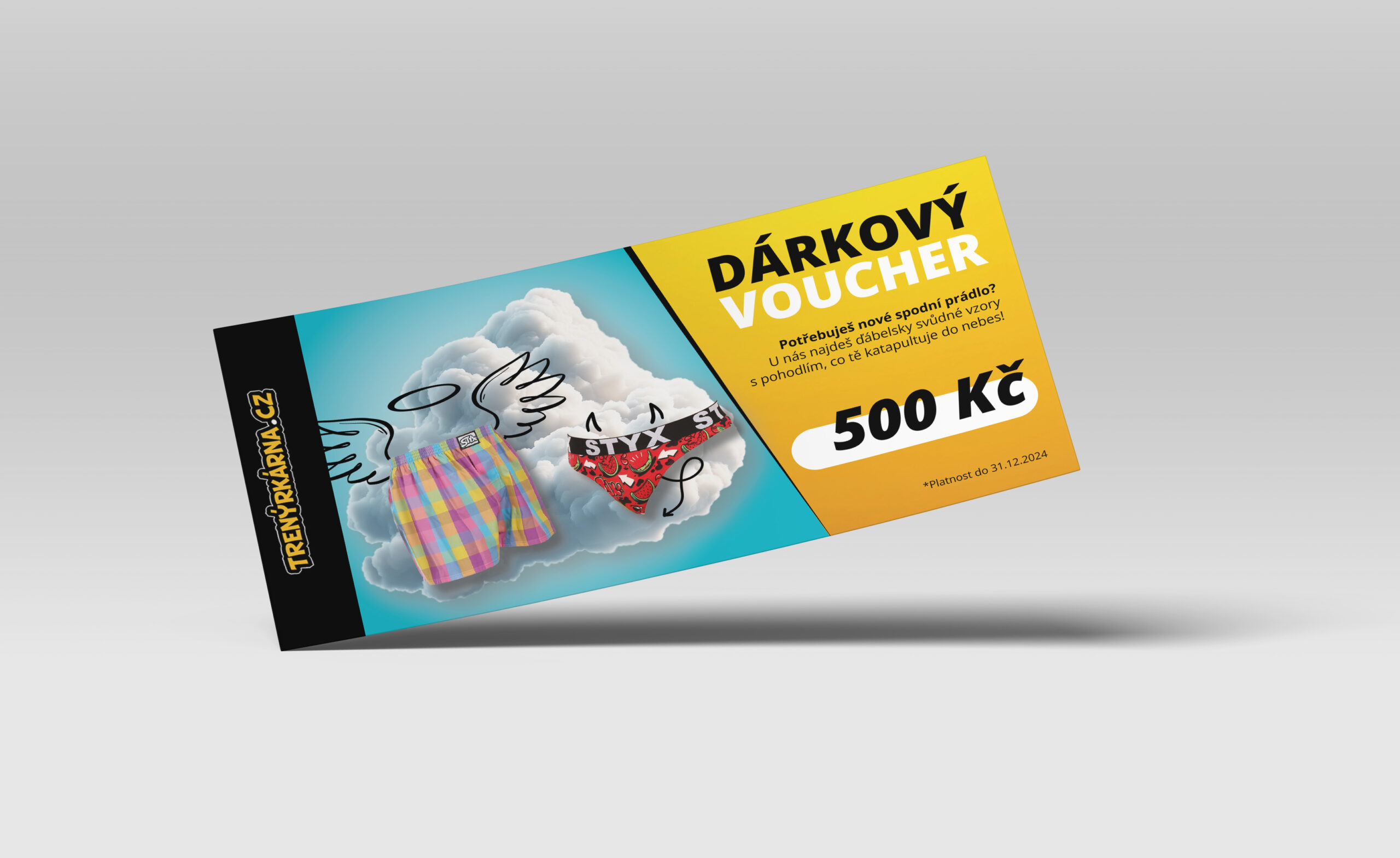 Design dárkového poukazu pro Trenyrkarna.cz Grafický návrh dárkového poukazu pro Trenýrkárna.cz, který spojuje moderní design, čitelnost a vizuální atraktivitu. Každý detail je navržen s důrazem na estetiku a funkčnost, aby oslovil cílovou skupinu a podpořil prodej.