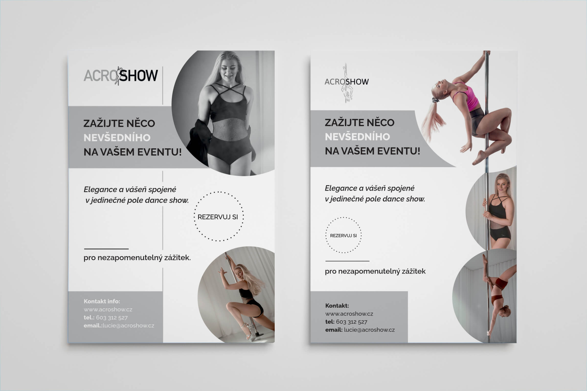 Eventové plakáty pro AcroShow – Pole Dance Show Plakáty pro AcroShow, která nabízí jedinečné pole dance vystoupení pro různé eventy. Design kombinuje moderní minimalismus s dynamickými fotografiemi, které zdůrazňují sílu, eleganci a vášeň pole dance. Čisté linie a decentní barevná paleta dodávají materiálům profesionální vzhled a přehlednost.